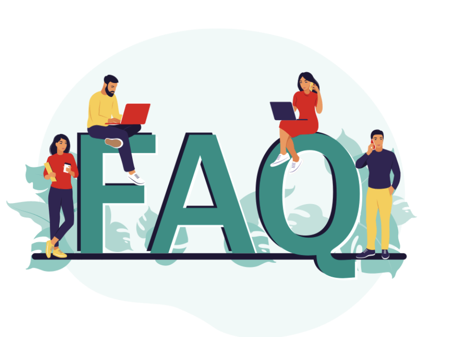 FAQs word with a group of people sat on top of each word